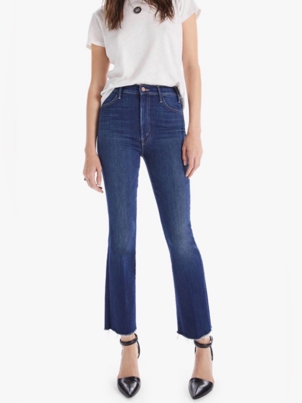 MOTHER The Hustler Ankle Fray Dark Blue Frayed Hem Flare Jeans Sz 27